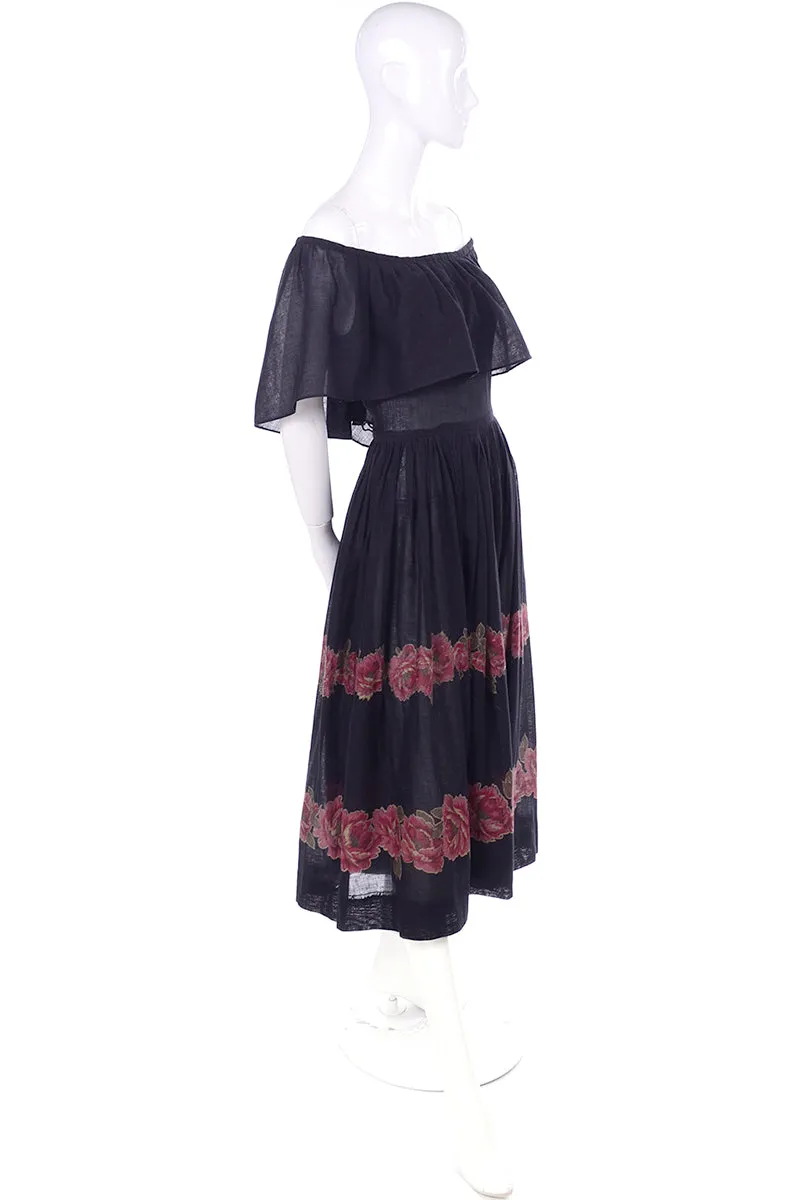 1970s Albert Nipon Vintage Black Red Roses Peasant Dress