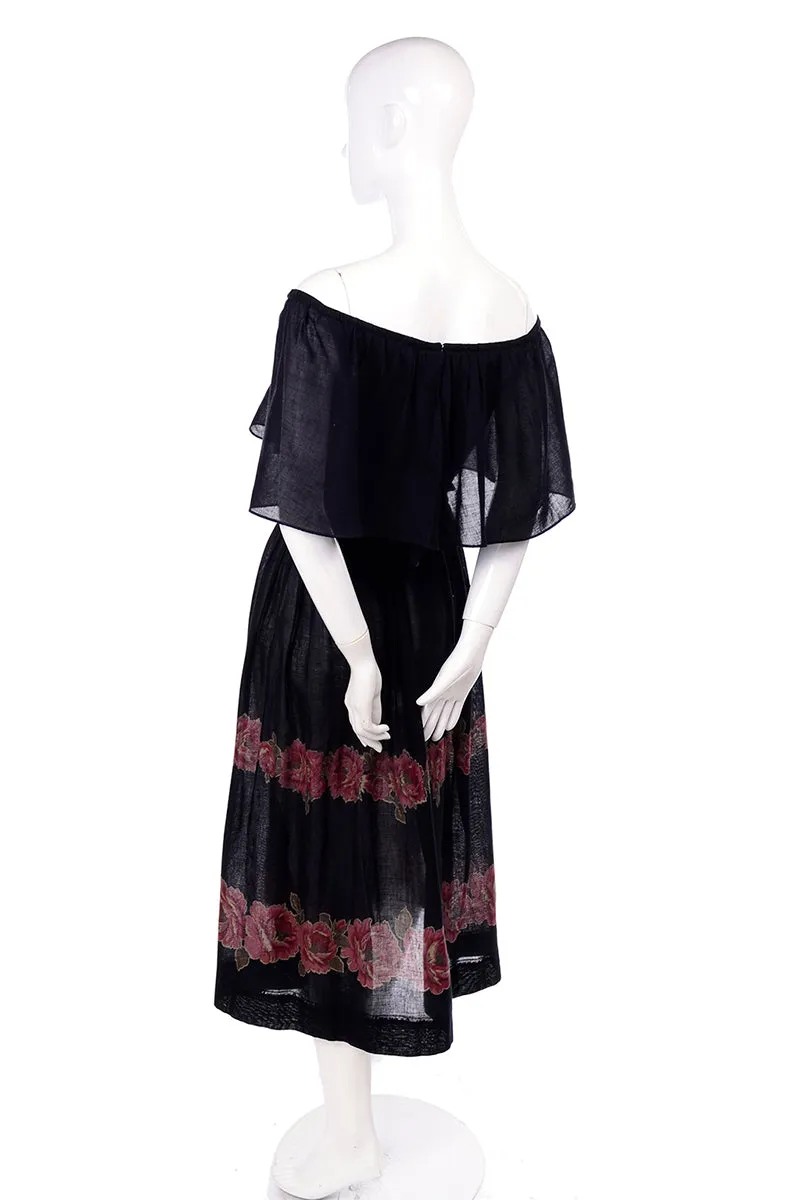 1970s Albert Nipon Vintage Black Red Roses Peasant Dress