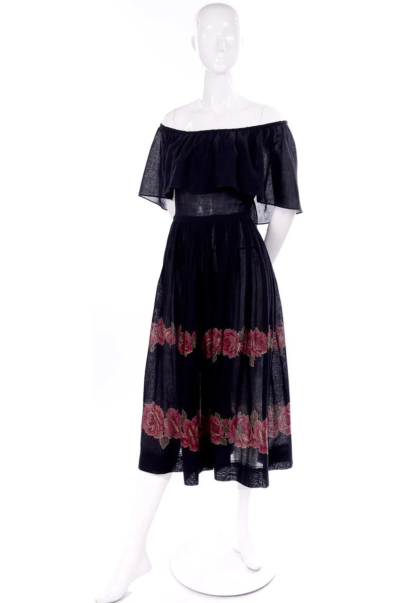 1970s Albert Nipon Vintage Black Red Roses Peasant Dress
