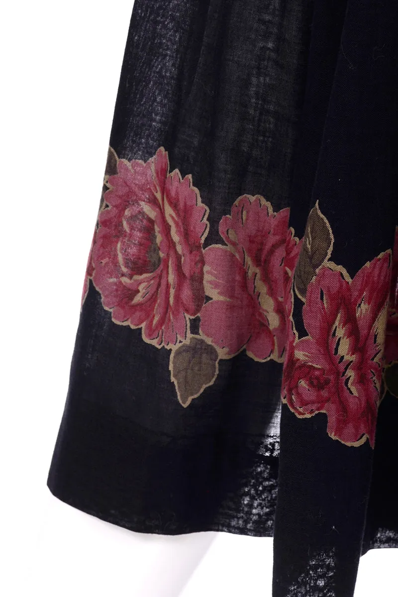 1970s Albert Nipon Vintage Black Red Roses Peasant Dress