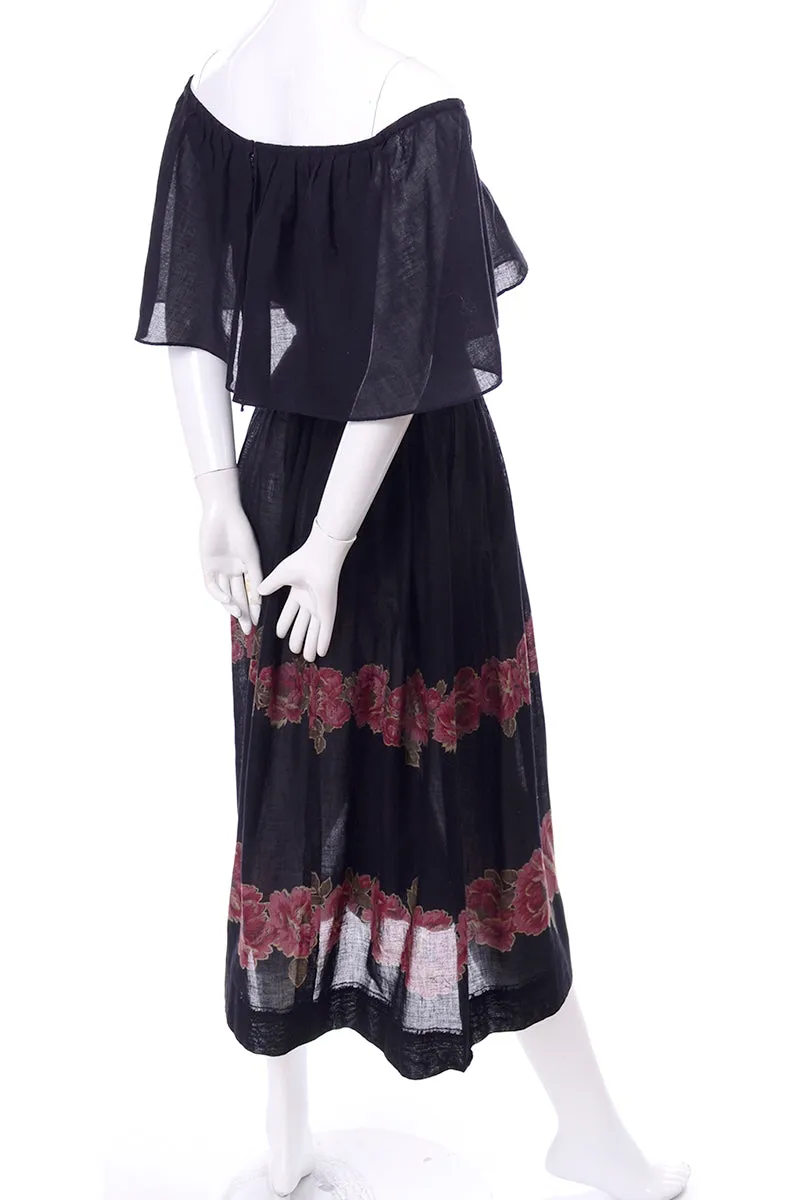 1970s Albert Nipon Vintage Black Red Roses Peasant Dress