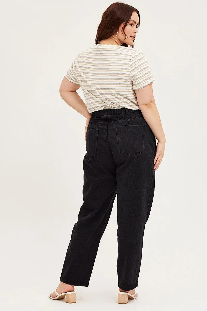Black Denim Jean High Rise Paperbag Straight Leg
