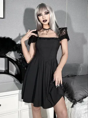 Black Lace Sleeve Elegant Halara Gothic Chic Strap Peasant A-Line Harajuku Retro Waist-in Linen Dress