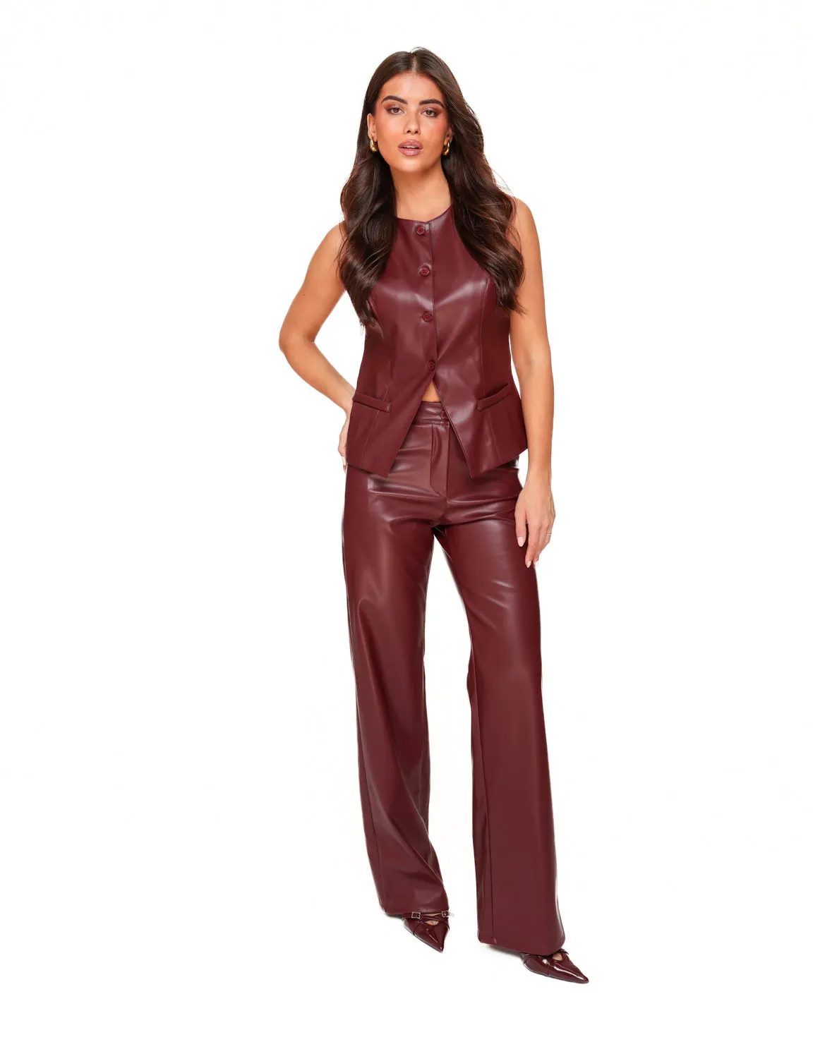 Bordeaux PU Leren Hoge Knopen - Gilet