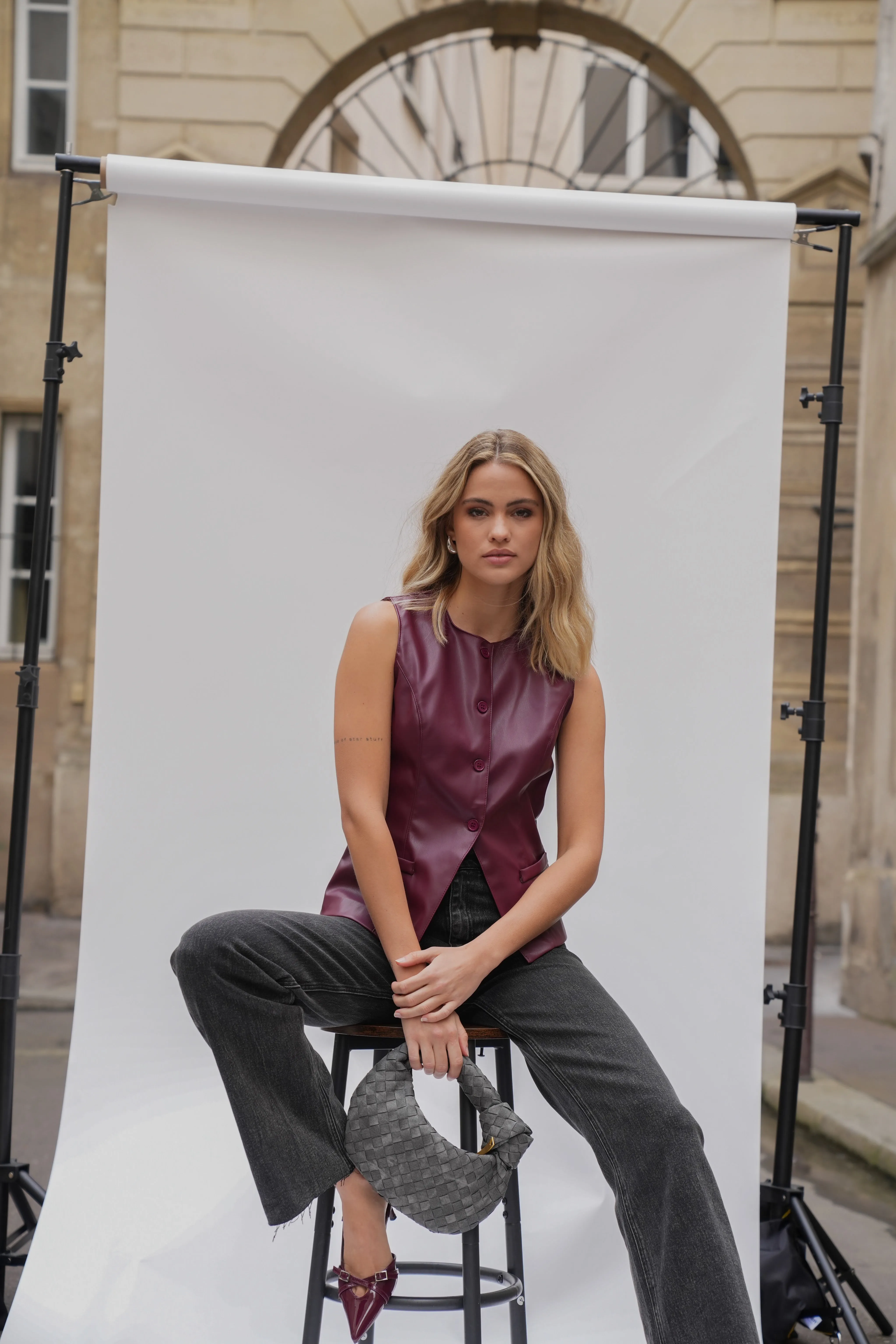 Bordeaux PU Leren Hoge Knopen - Gilet
