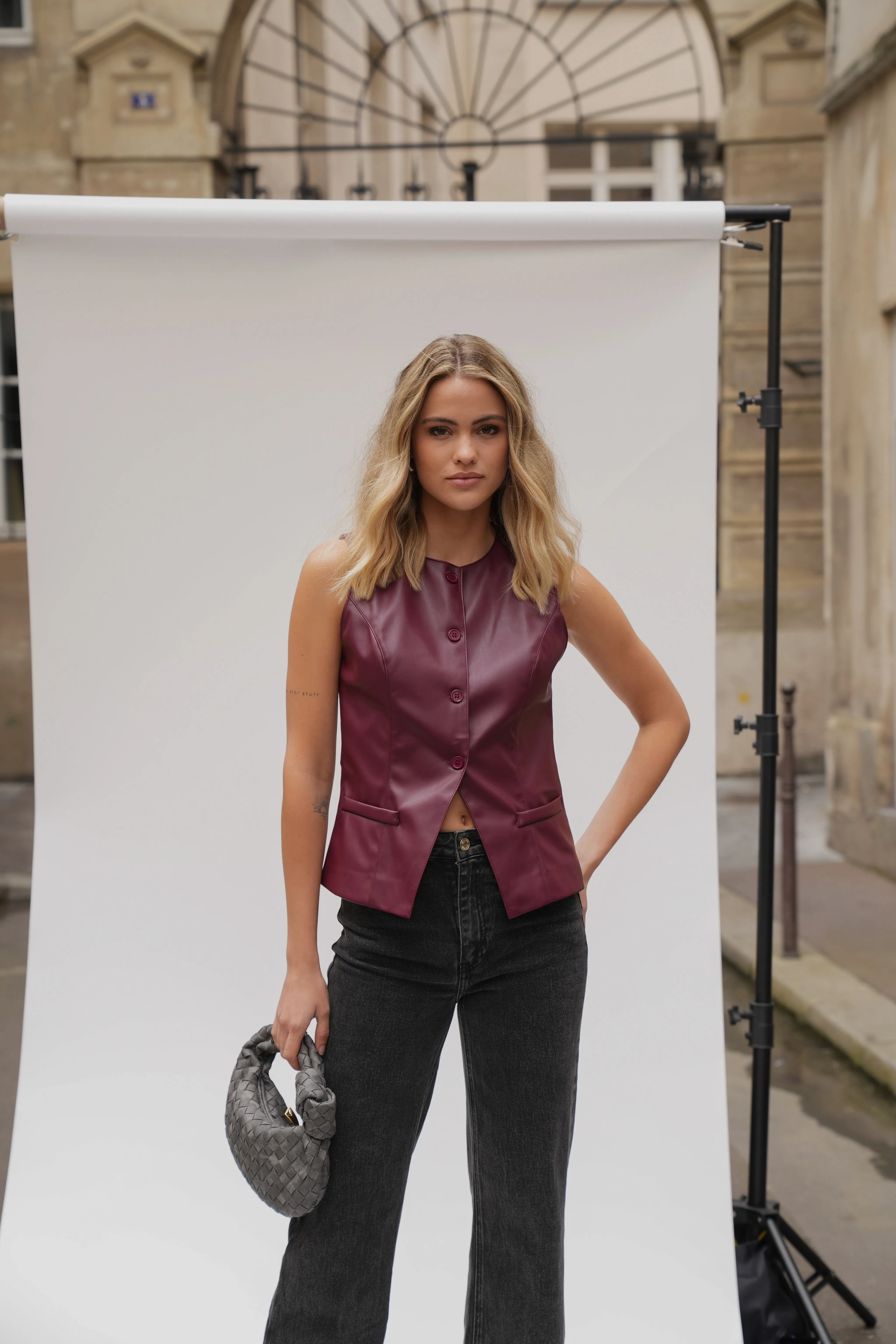 Bordeaux PU Leren Hoge Knopen - Gilet