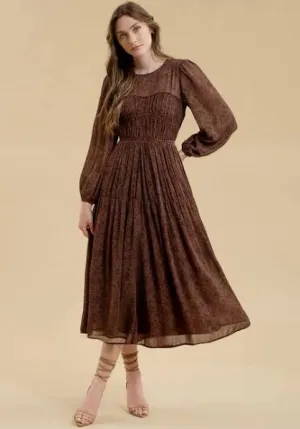 Brown Floral Shirred Midi Dress