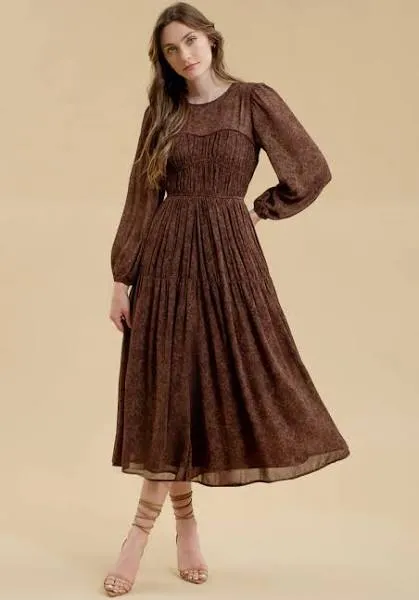Brown Floral Shirred Midi Dress