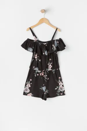 Combi-short paysan noir fleuri doux à épaules dénudées pour fille
