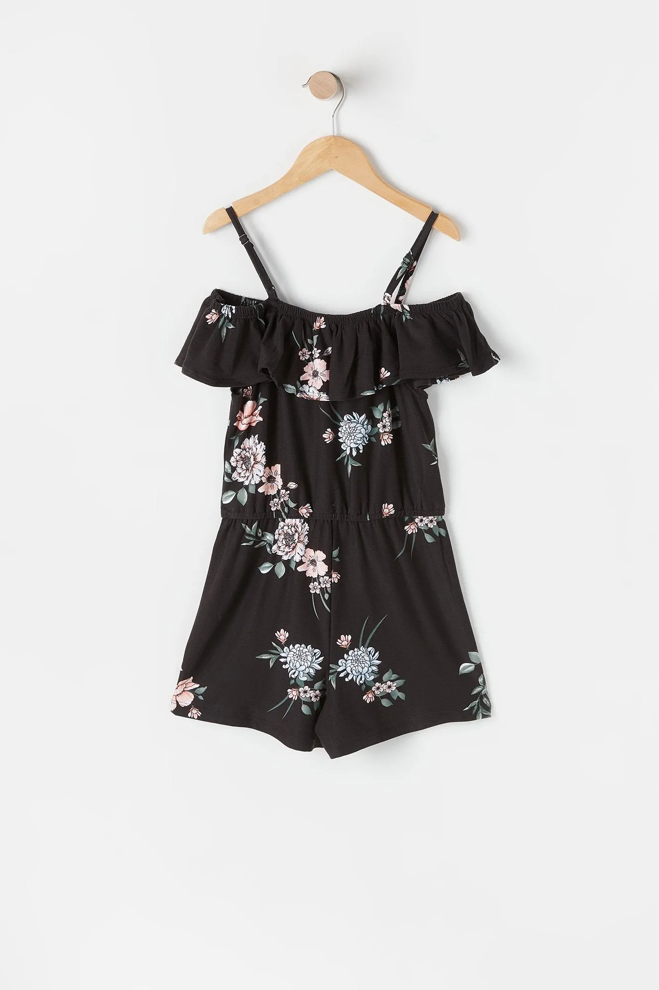 Combi-short paysan noir fleuri doux à épaules dénudées pour fille