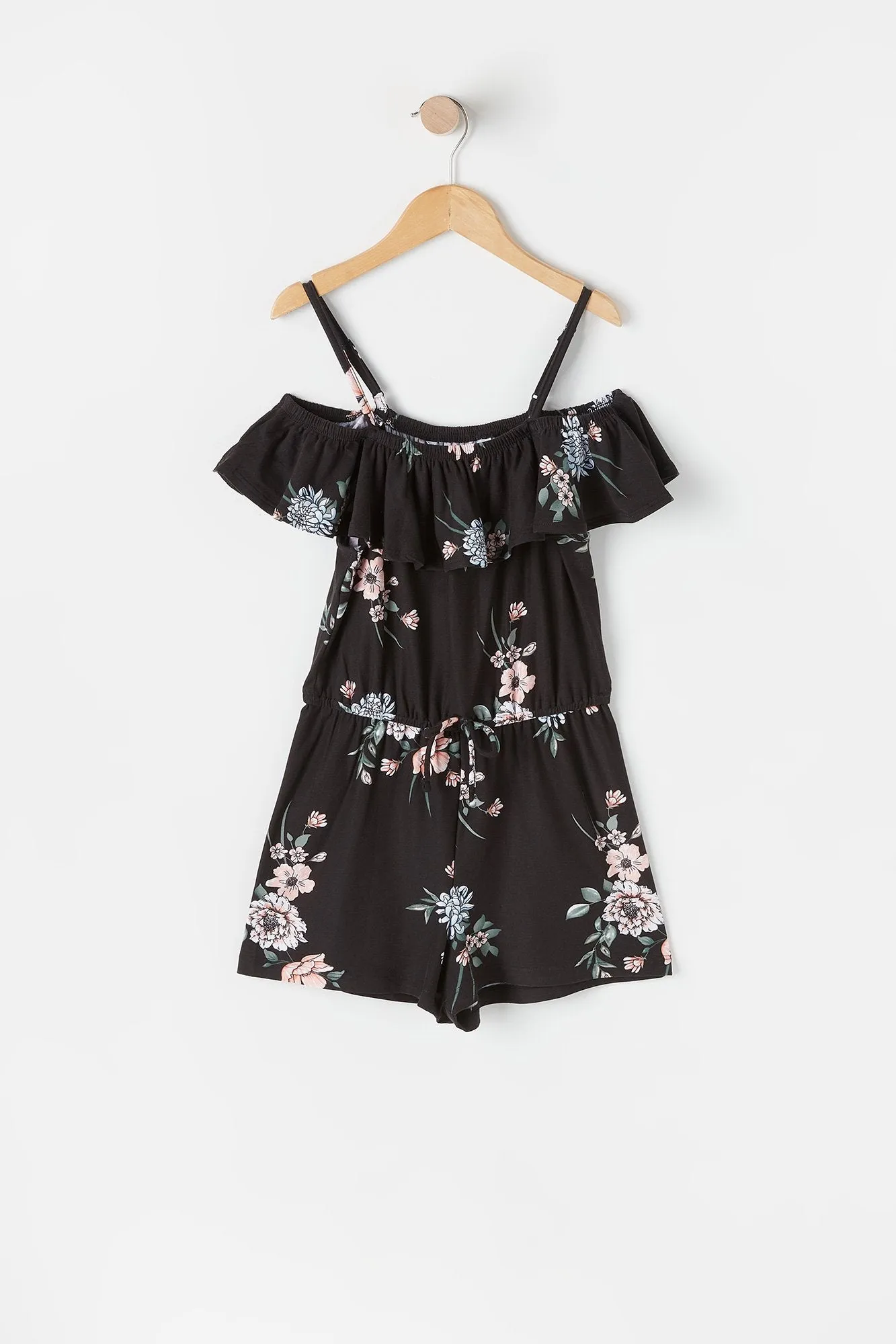 Combi-short paysan noir fleuri doux à épaules dénudées pour fille