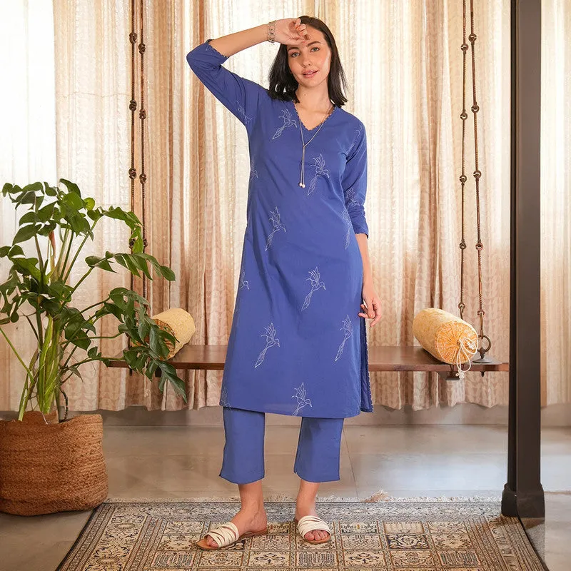 Cotton Printed Kurta Set For Women | Kurta & Pant | V Neck | Blue
