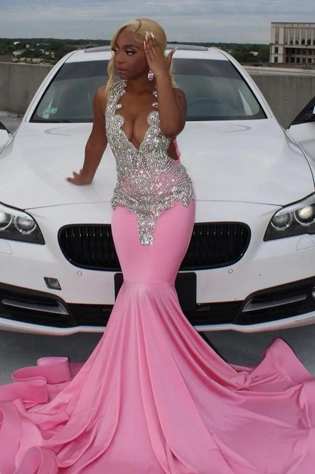 Elegant Pink Mermaid Court Train Prom Party Dresses wth Silver Beads