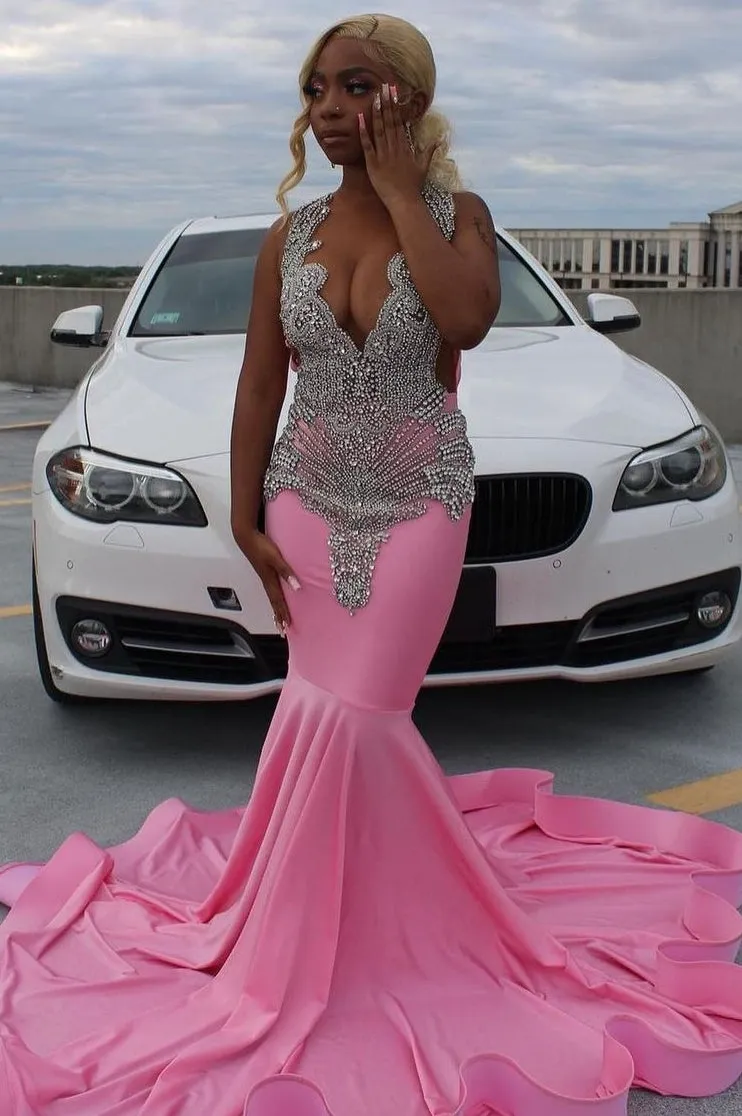 Elegant Pink Mermaid Court Train Prom Party Dresses wth Silver Beads