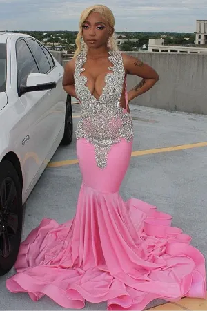 Elegant Pink Mermaid Court Train Prom Party Dresses wth Silver Beads