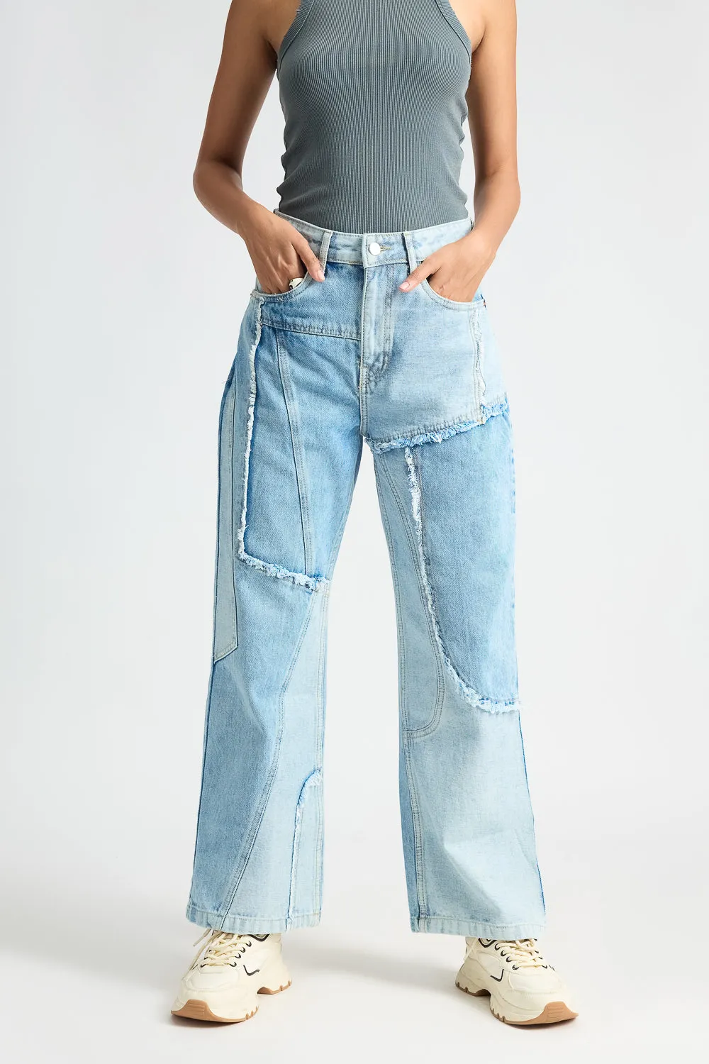Light Blue Patchwork Straight Jeans