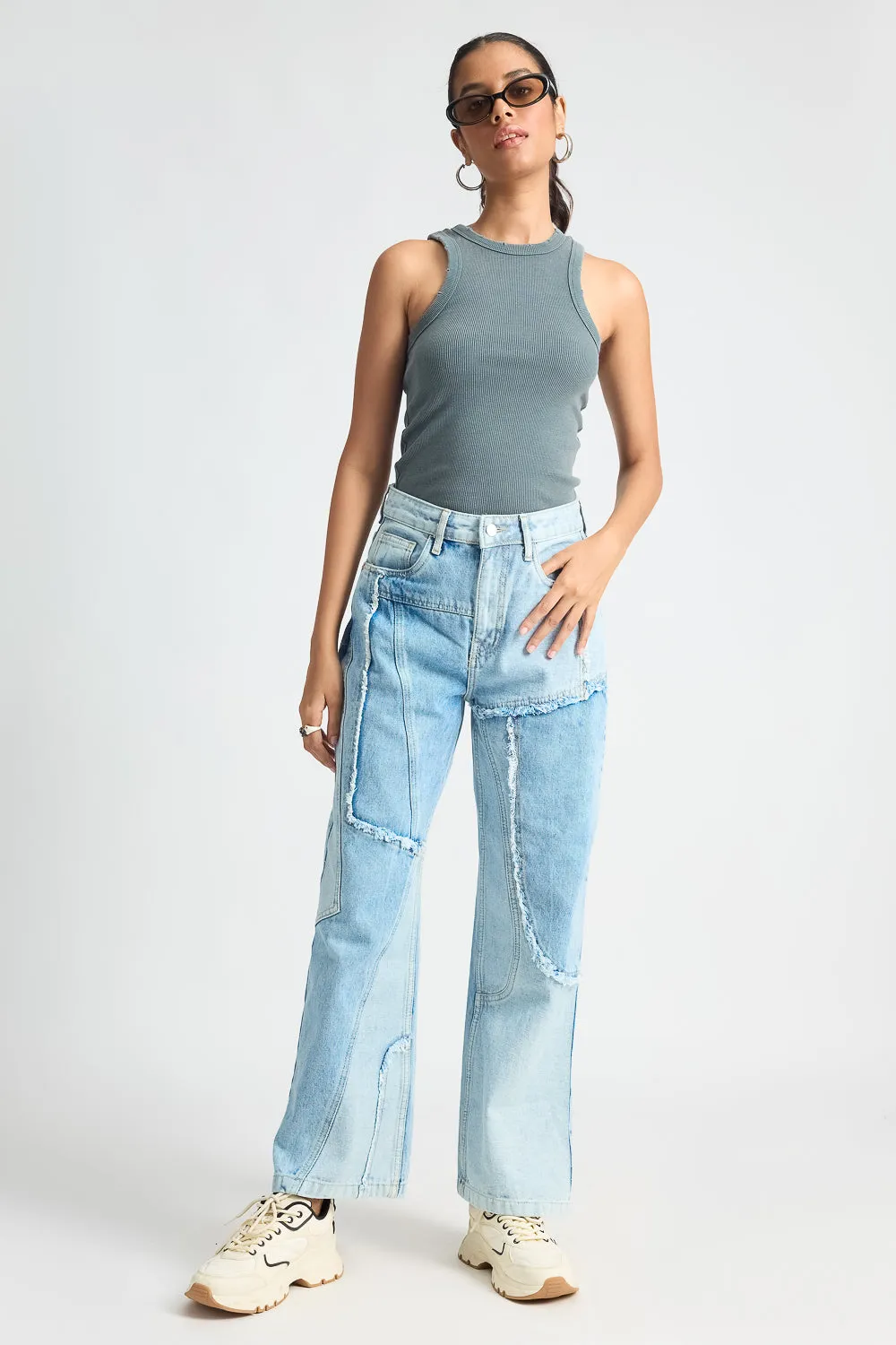 Light Blue Patchwork Straight Jeans