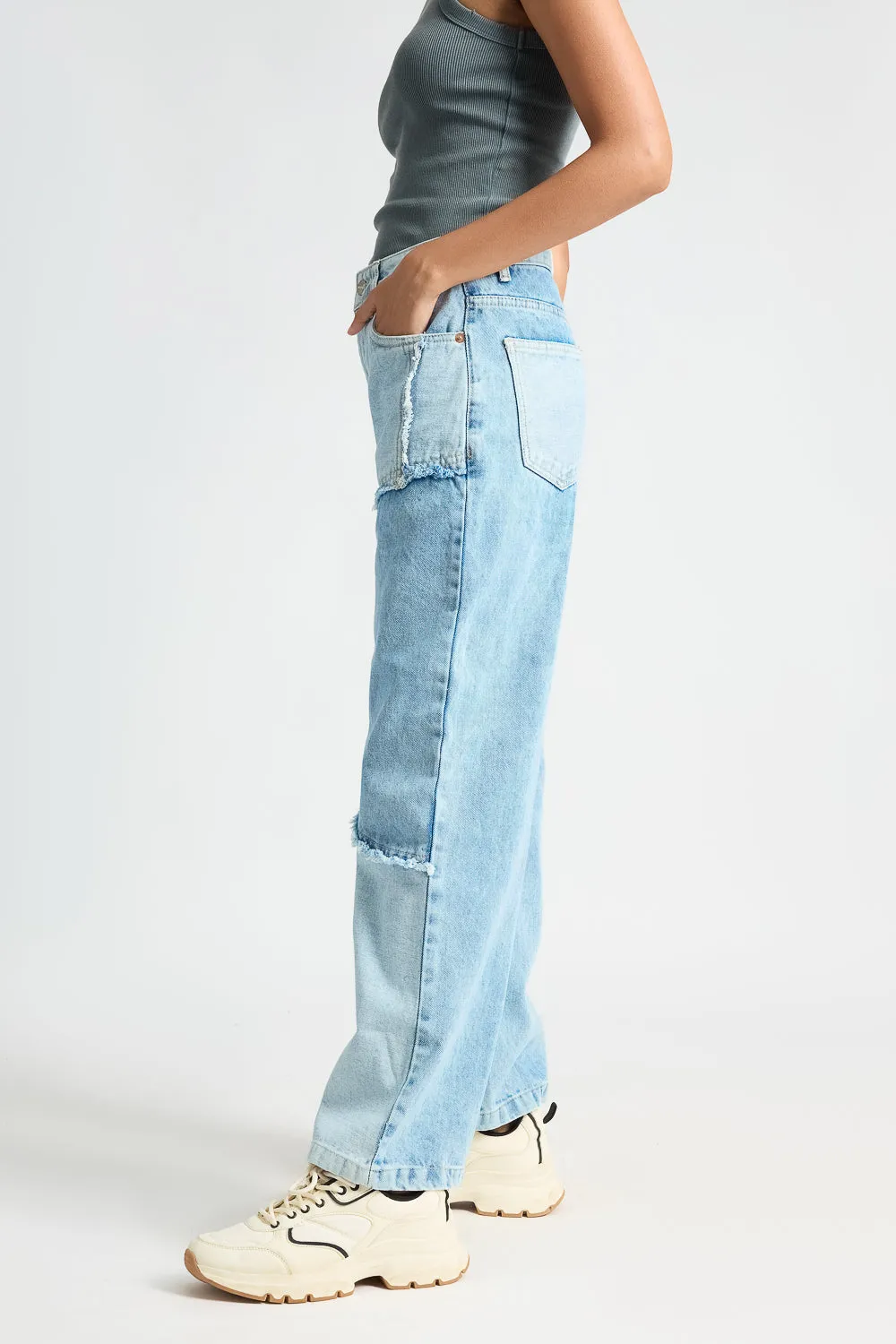 Light Blue Patchwork Straight Jeans