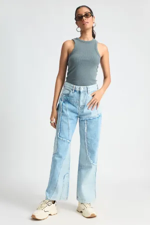 Light Blue Patchwork Straight Jeans