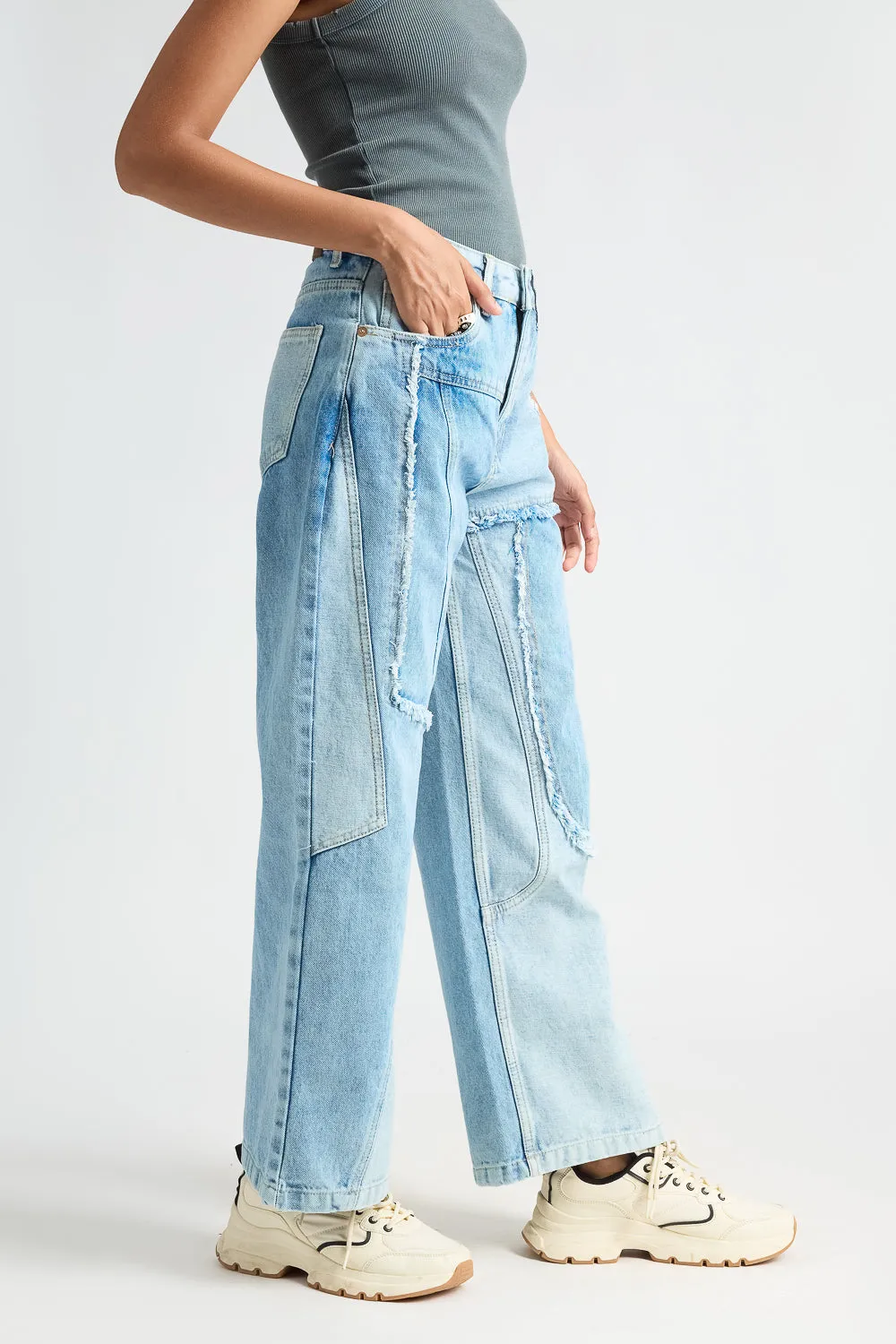 Light Blue Patchwork Straight Jeans