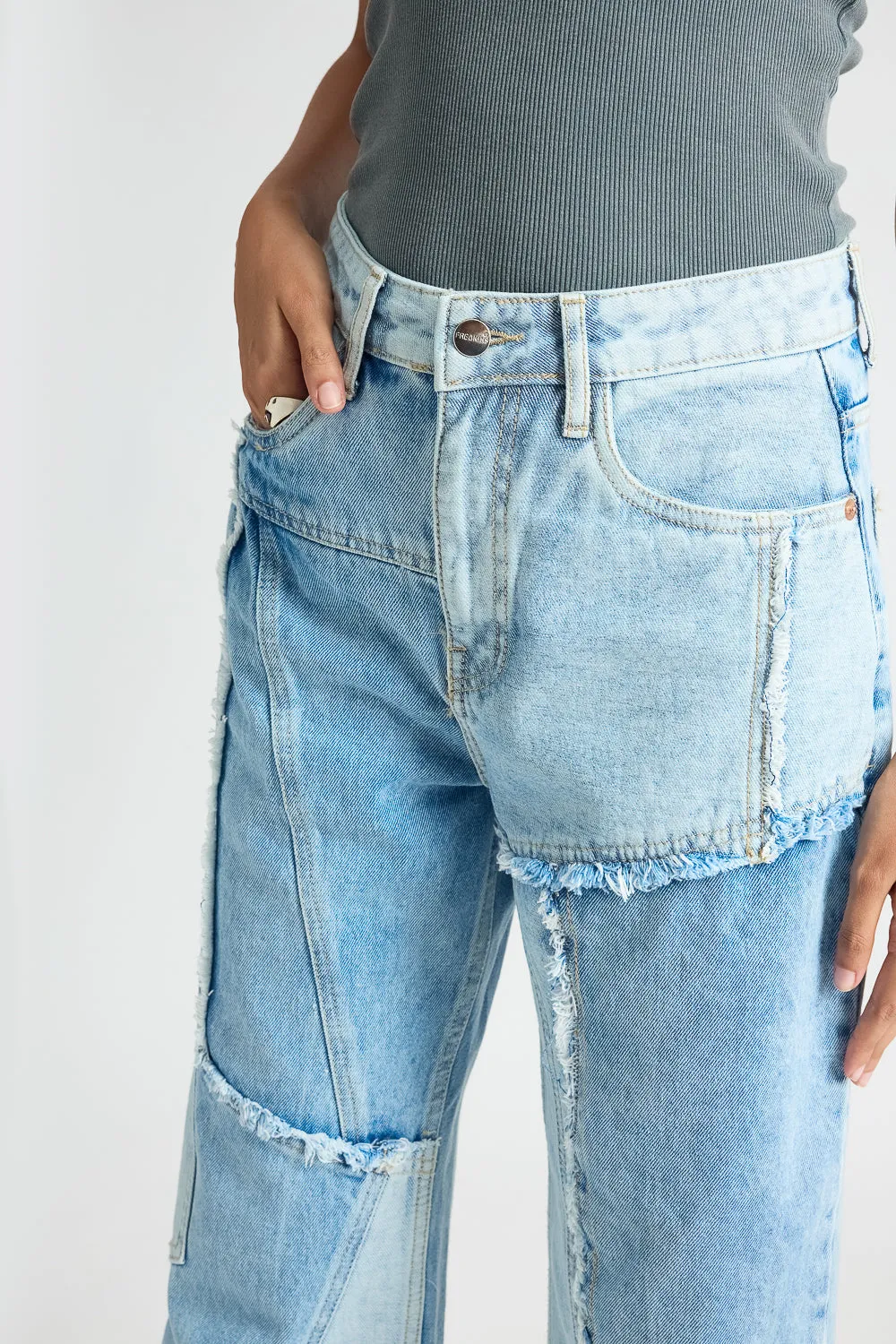 Light Blue Patchwork Straight Jeans