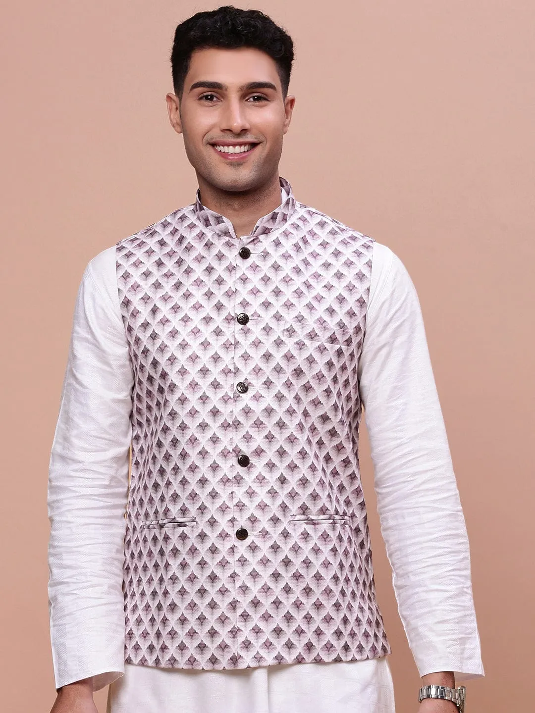Men Pink Printed Slim Fit Nehru Jackets