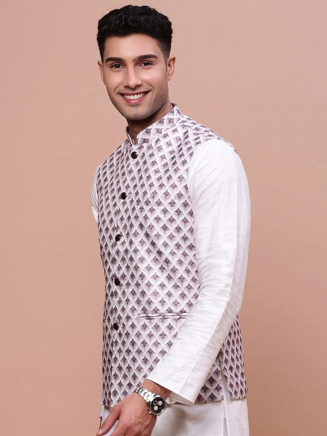 Men Pink Printed Slim Fit Nehru Jackets