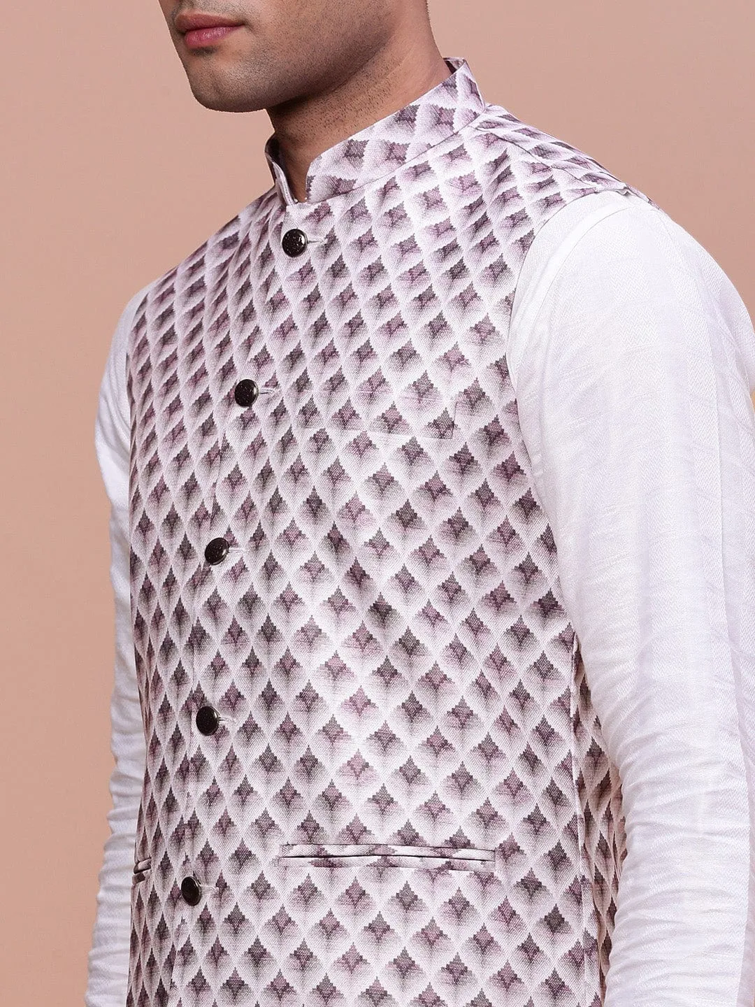 Men Pink Printed Slim Fit Nehru Jackets