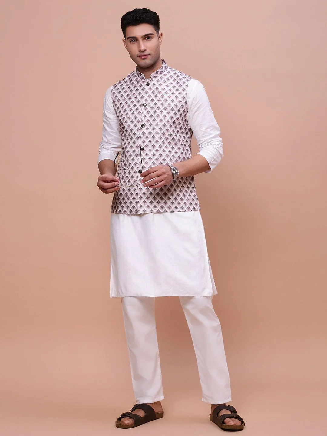 Men Pink Printed Slim Fit Nehru Jackets