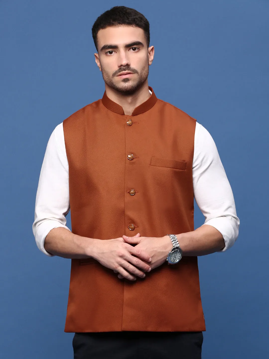 Men Rust Woven Slim-Fit Nehru Jackets