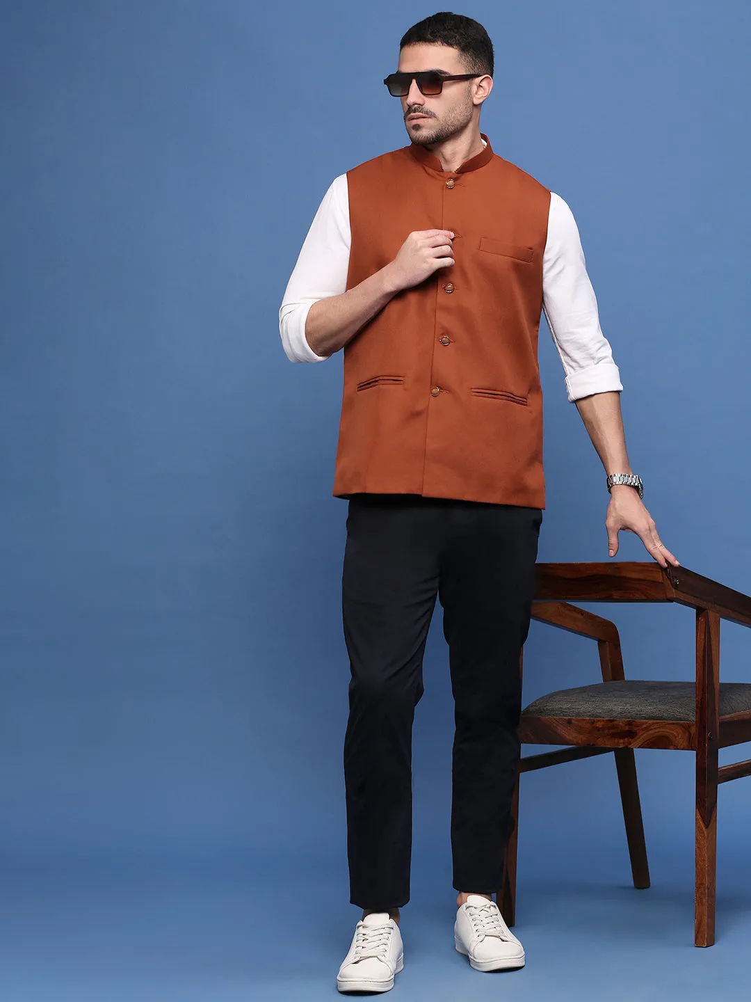 Men Rust Woven Slim-Fit Nehru Jackets