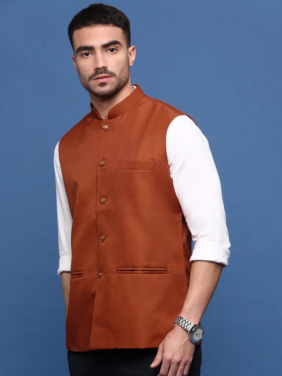 Men Rust Woven Slim-Fit Nehru Jackets