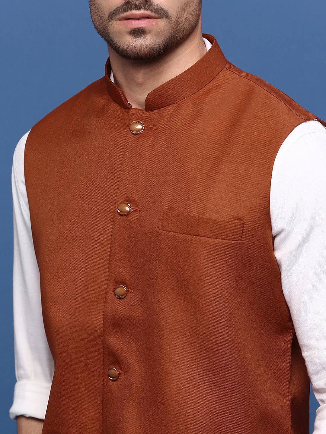 Men Rust Woven Slim-Fit Nehru Jackets