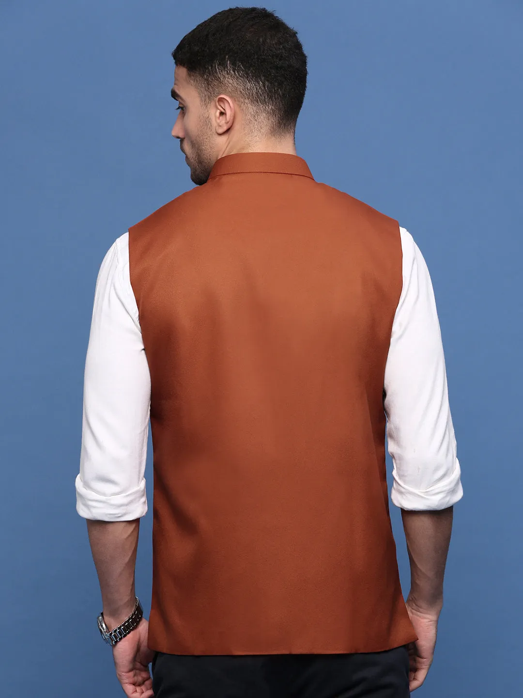 Men Rust Woven Slim-Fit Nehru Jackets