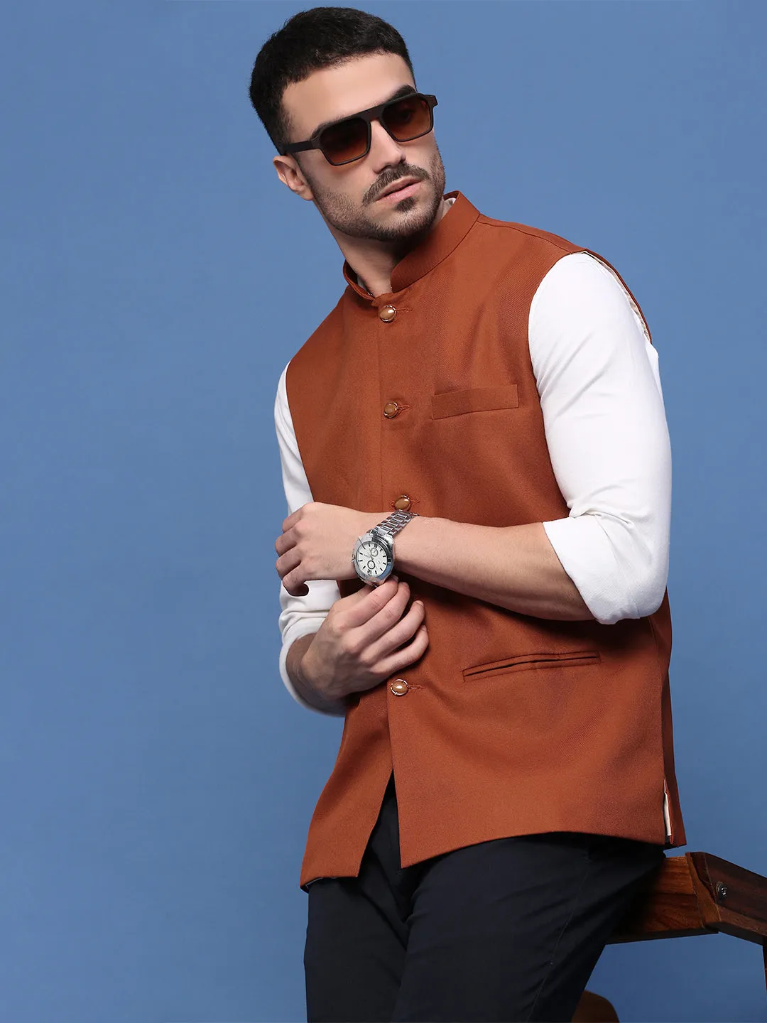 Men Rust Woven Slim-Fit Nehru Jackets