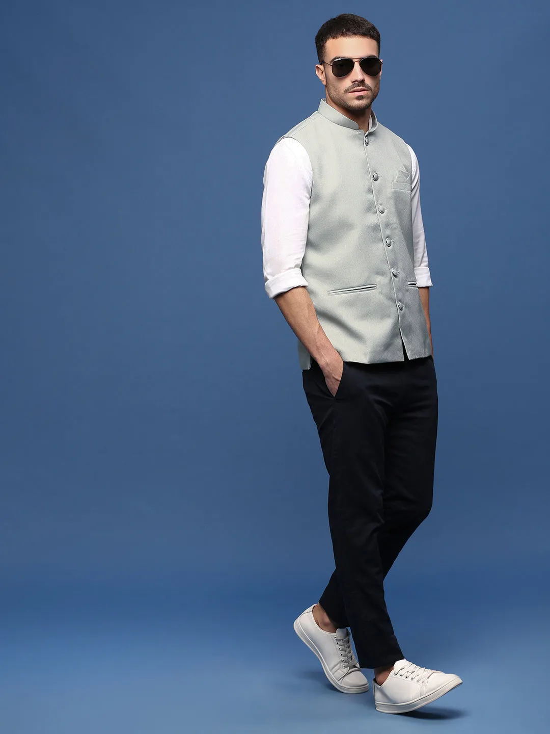 Men Sea Green Woven Slim-Fit Nehru Jackets