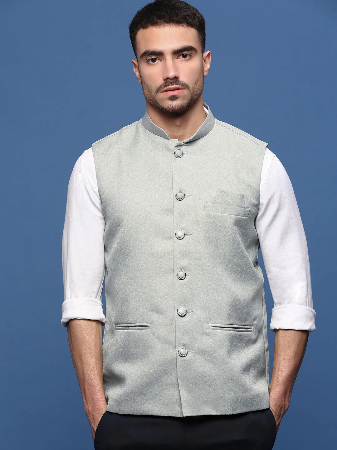 Men Sea Green Woven Slim-Fit Nehru Jackets