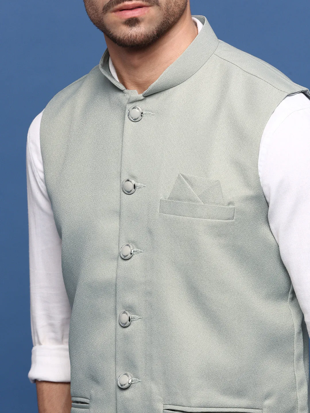 Men Sea Green Woven Slim-Fit Nehru Jackets