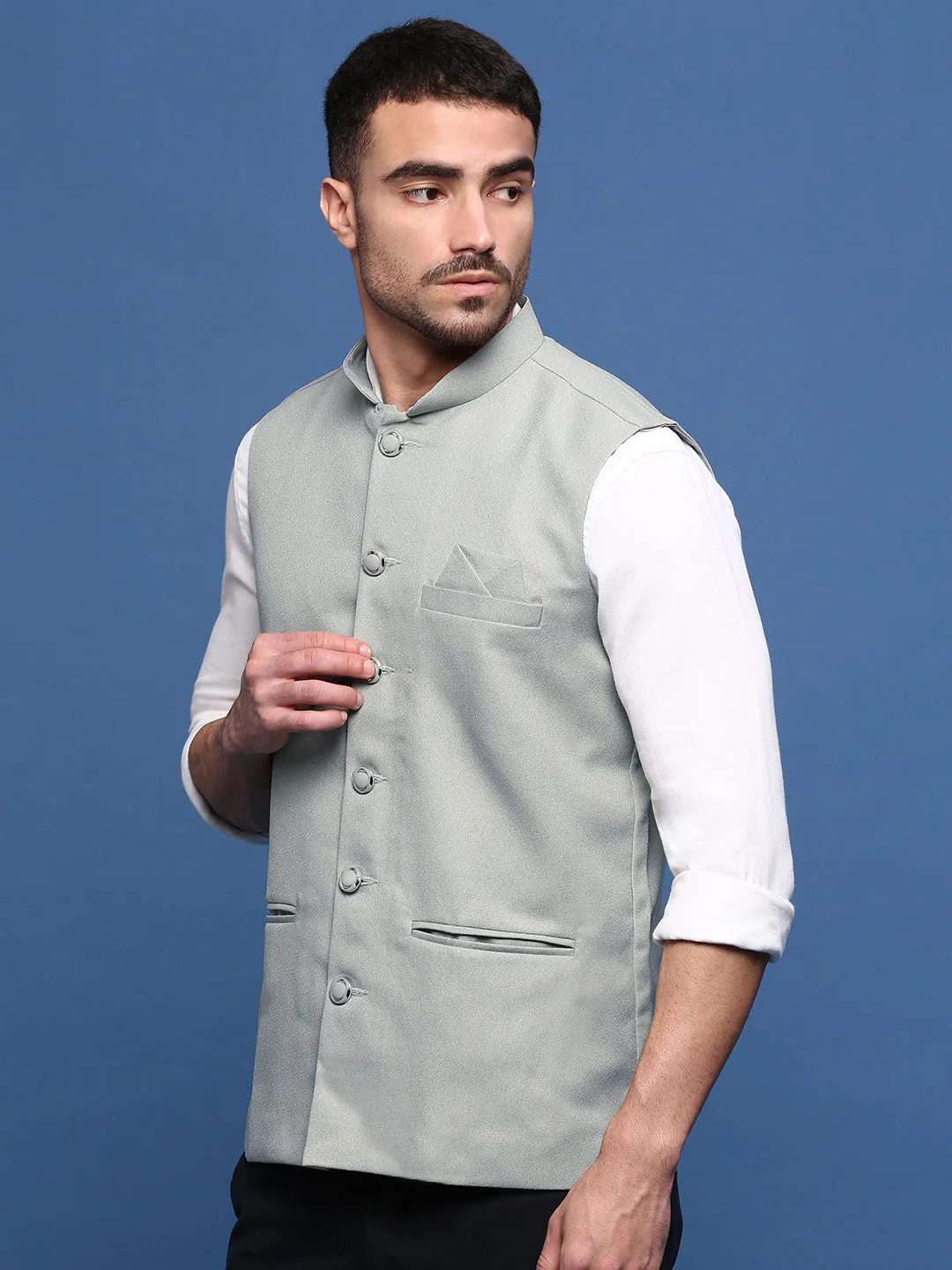 Men Sea Green Woven Slim-Fit Nehru Jackets