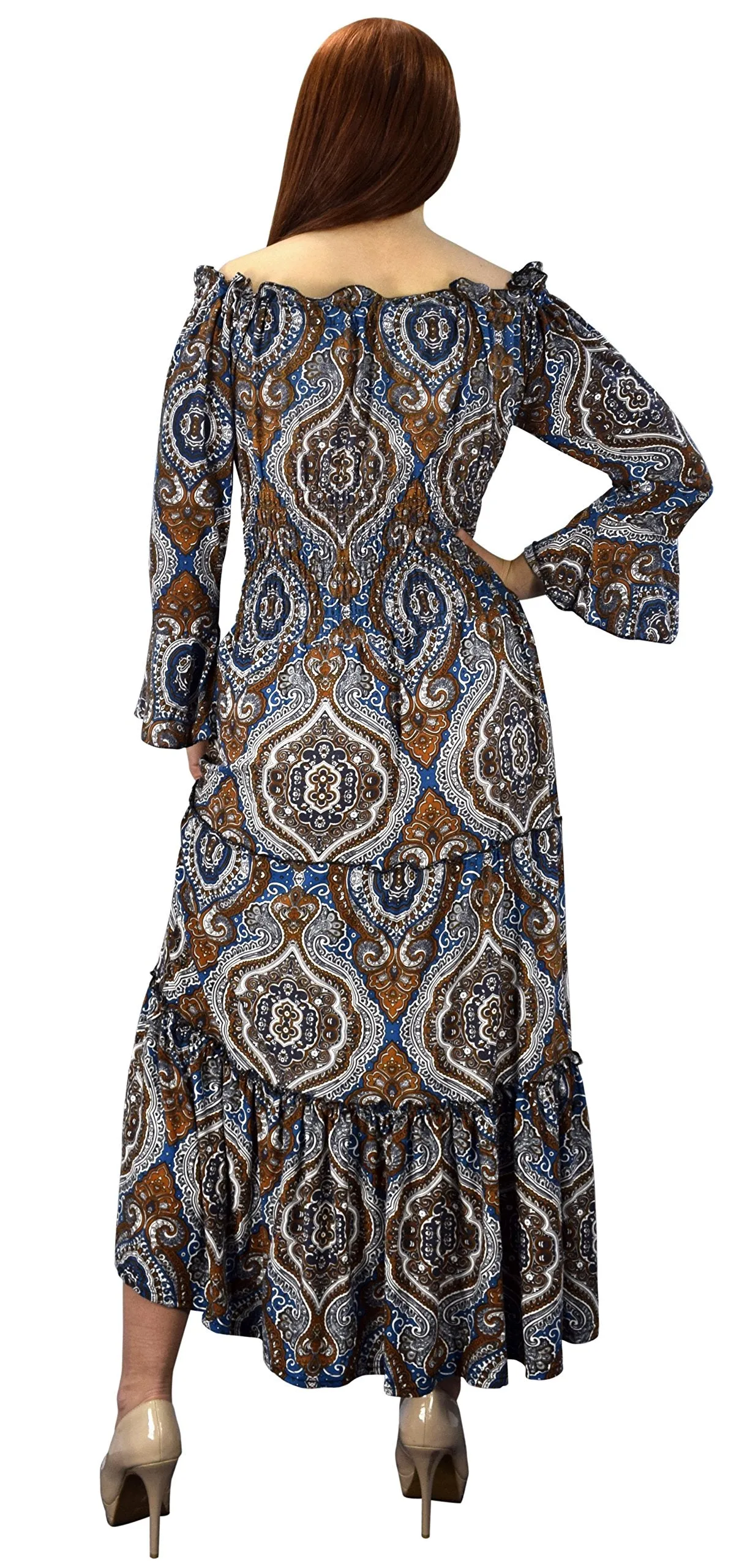 Peach Couture Gypsy Boho 3/4 Sleeves Smocked Waist Tiered Renaissance Maxi Dress