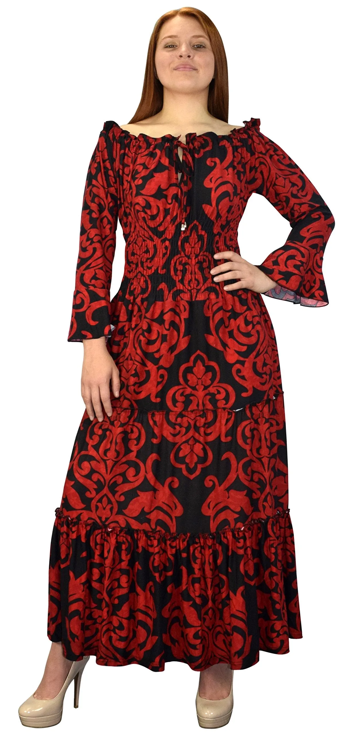 Peach Couture Gypsy Boho 3/4 Sleeves Smocked Waist Tiered Renaissance Maxi Dress