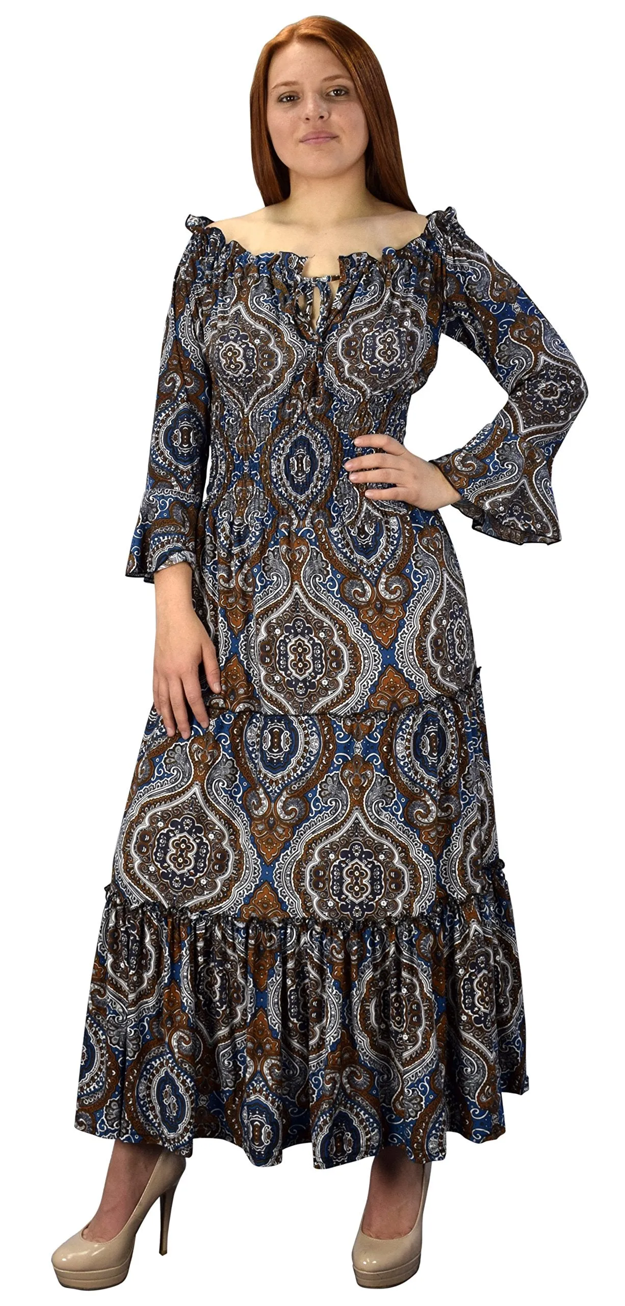 Peach Couture Gypsy Boho 3/4 Sleeves Smocked Waist Tiered Renaissance Maxi Dress