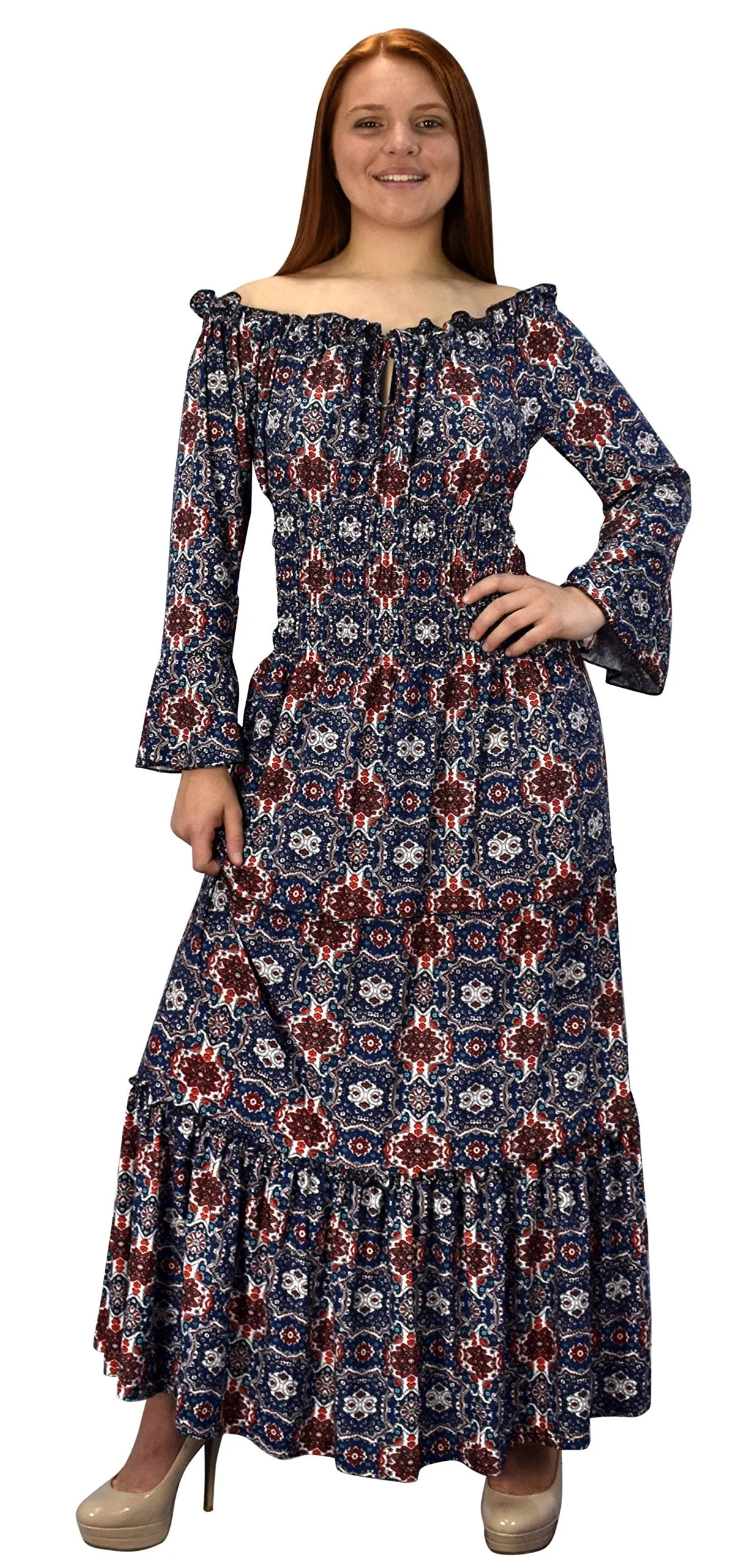 Peach Couture Gypsy Boho 3/4 Sleeves Smocked Waist Tiered Renaissance Maxi Dress