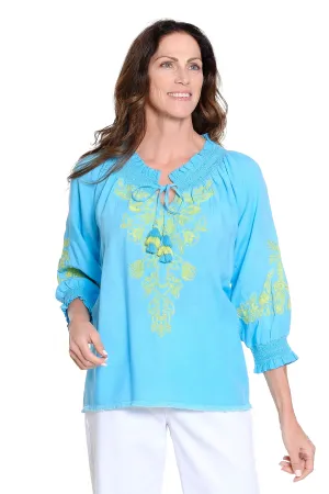 Peasant Top with Embroidery  Turquoise