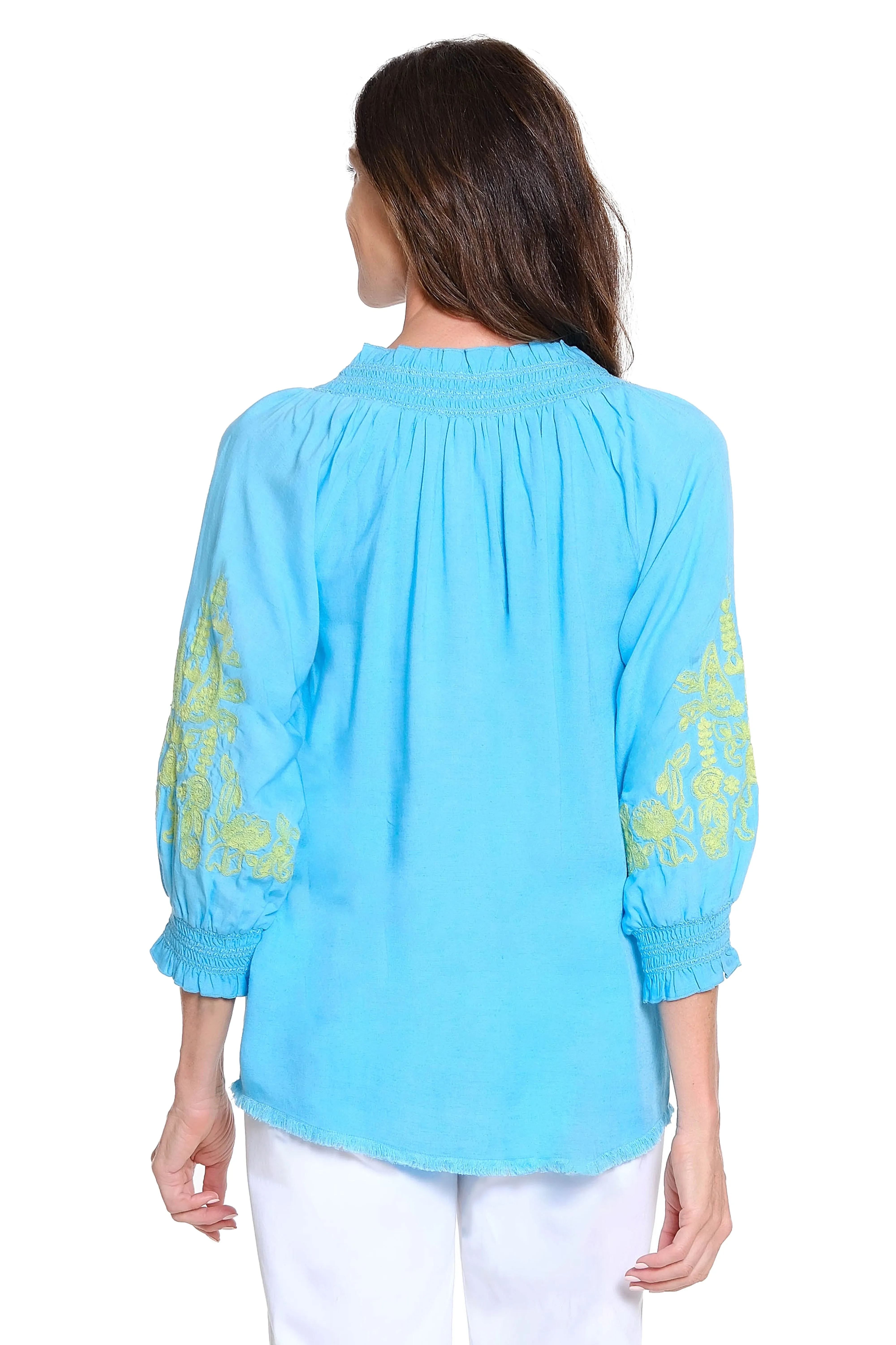 Peasant Top with Embroidery  Turquoise