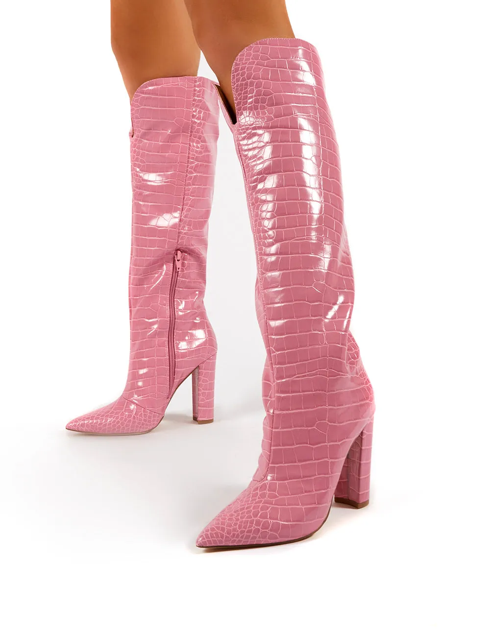 Slow Pink Croc Knee High Block Heel Boots