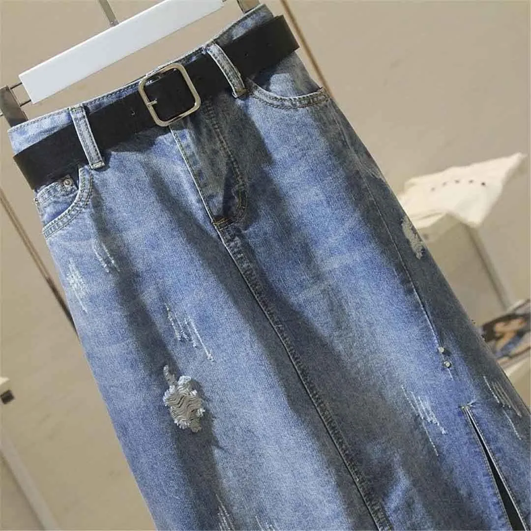 Spring Summer Women High Waist Denim Long Midi Vintage Pencil Skirt