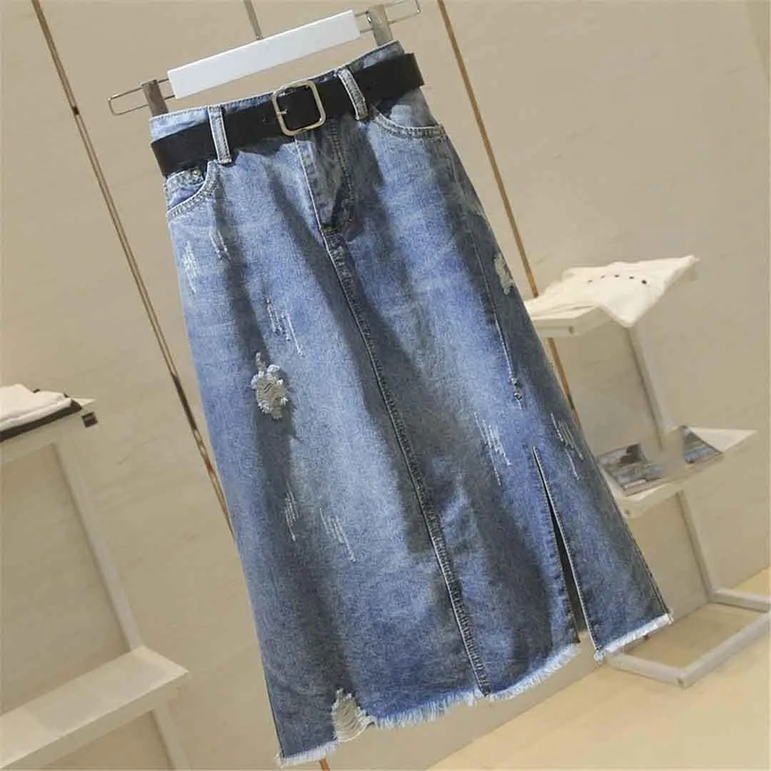 Spring Summer Women High Waist Denim Long Midi Vintage Pencil Skirt