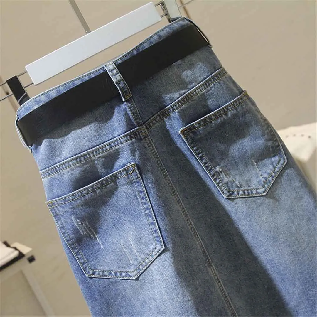 Spring Summer Women High Waist Denim Long Midi Vintage Pencil Skirt
