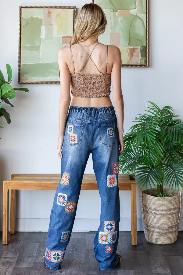 Square Crochet Patchwork Denim Jeans